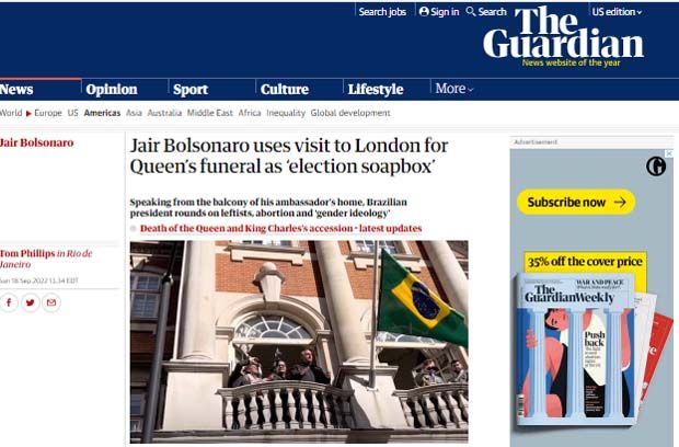 The Guardian - Jair Bolsonaro usa visita a Londres para funeral da rainha como 'sabão eleitoral'
