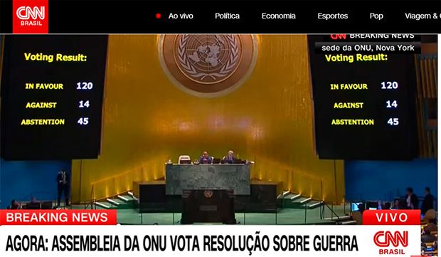 Por 120 a 14 assembleia da ONU aprova resolução que pede trégua humanitária em Gaza