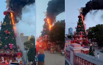 Árvore de Natal no Largo São Sebastião em Manaus é praticamente destruída pelo fogo