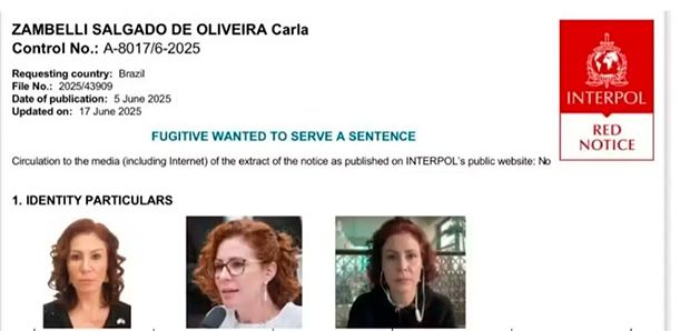 Nome de Zambelli aparece na lista de alerta vermelho da Interpol