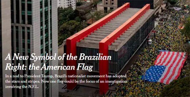 Bandeira dos EUA vira símbolo da direita brasileira, diz 'NY Times'