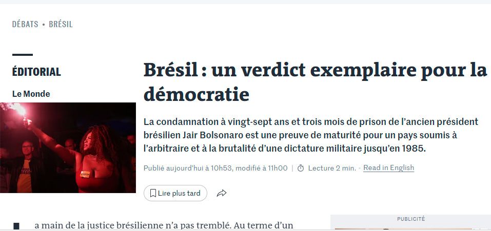 Le Monde elogia o Brasil por condenação de Bolsonaro e critica reação dos EUA