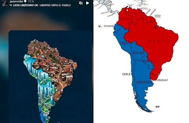 Milei posta imagem que mostra o Brasil como favela e Argentina como desenvolvida