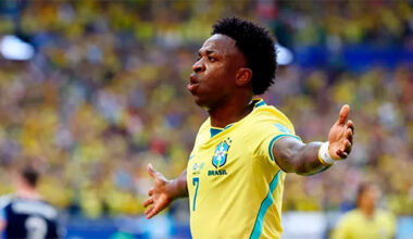 Brasil faz 2 a 0 na Escócia com show de Vinícius Júnior