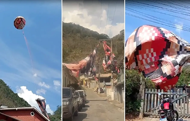 Balão cai sobre rede elétrica e assusta moradores no interior de RJ